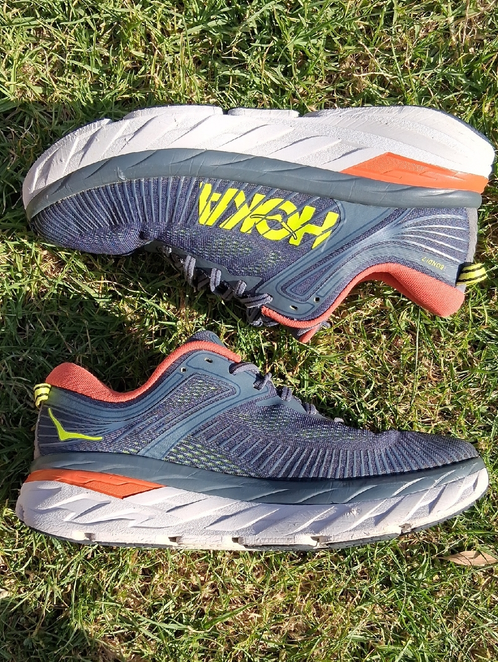 Hoka Bondi 7 Men's Navy with Coral and Yellow Logo Running Shoes